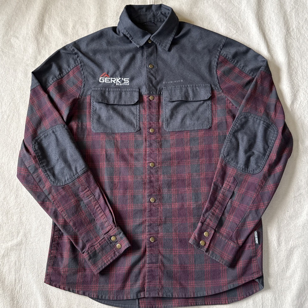 Club Ride Mens Large Red Plaid & Gray Long Sleeve Snap Front MTB Shirt Embroide